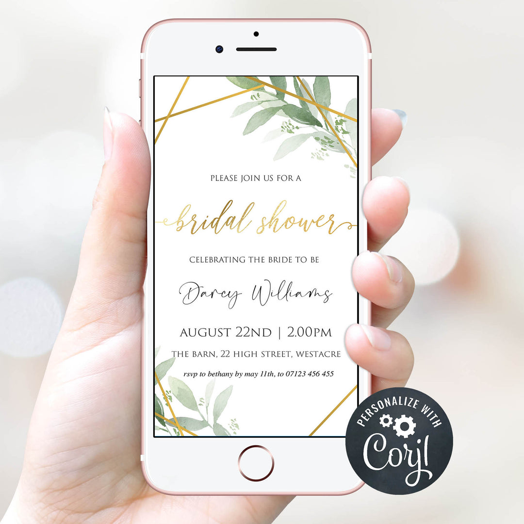 Bridal shower mobile invitation, editable bridal shower invitations, printable bachelorette invitations, gold greenery bridal shower invites, greenery bridal shower ideas
