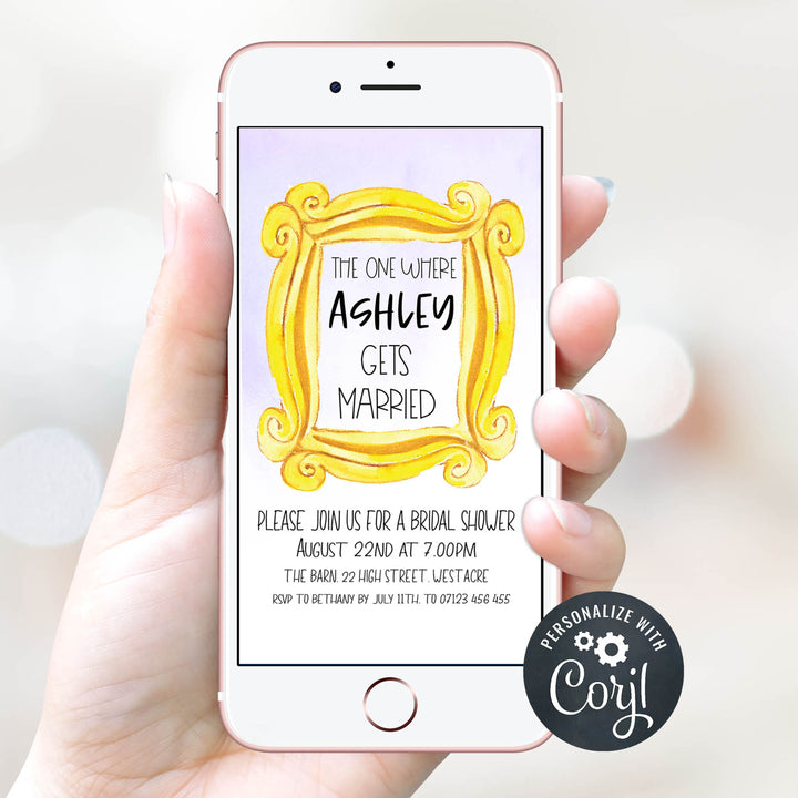 editable friends bridal shower invitations, friends mobile bridal invitations, the one where bridal shower invitations, cell phone invitations