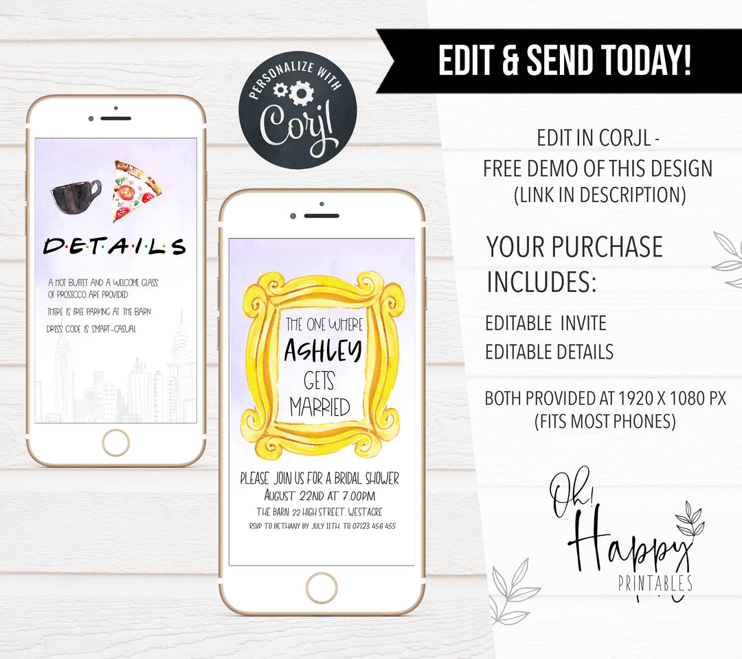 editable friends bridal shower invitations, friends mobile bridal invitations, the one where bridal shower invitations, cell phone invitations