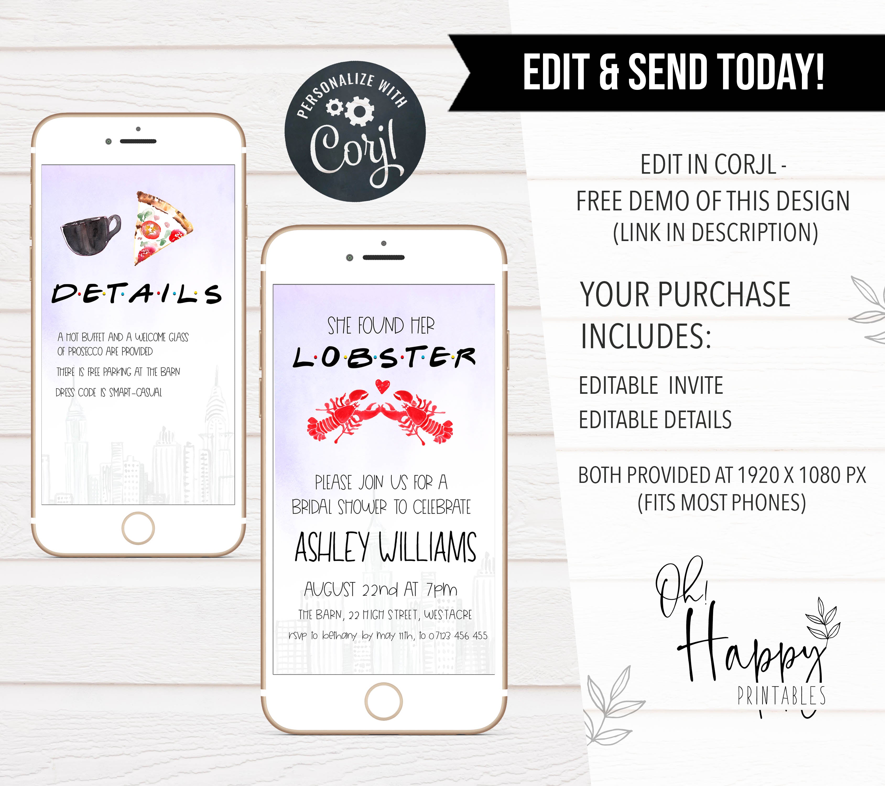 editable friends bridal shower invitations, found her lobster bridal shower invitation, editable mobile invitation, editable bridal invites, friends bridal shower theme