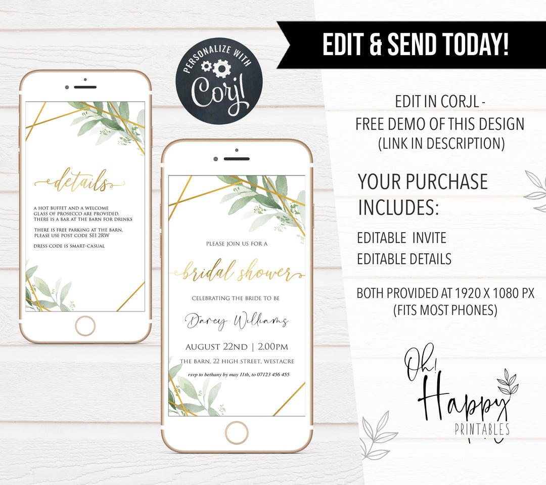 Bridal shower mobile invitation, editable bridal shower invitations, printable bachelorette invitations, gold greenery bridal shower invites, greenery bridal shower ideas