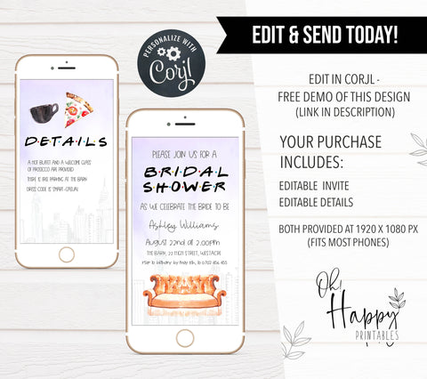 editable friends bridal shower invitation, friends cell phone bridal invitations, friends bridal shower, bridal shower invitations