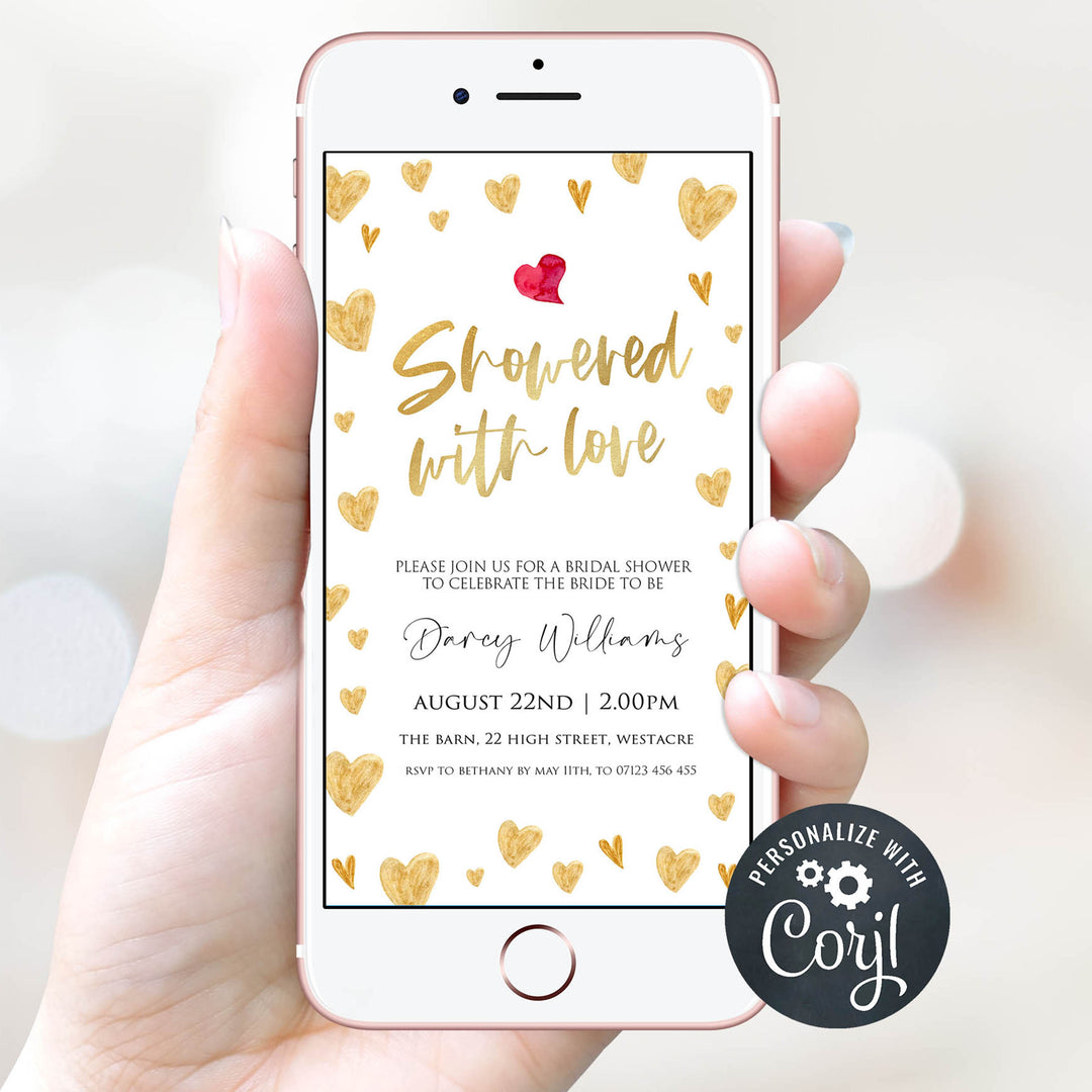 gold hearts bridal shower invitations, printable bridal shower invites, editable bridal shower invitations, bachelorette party invites, hen party invitations