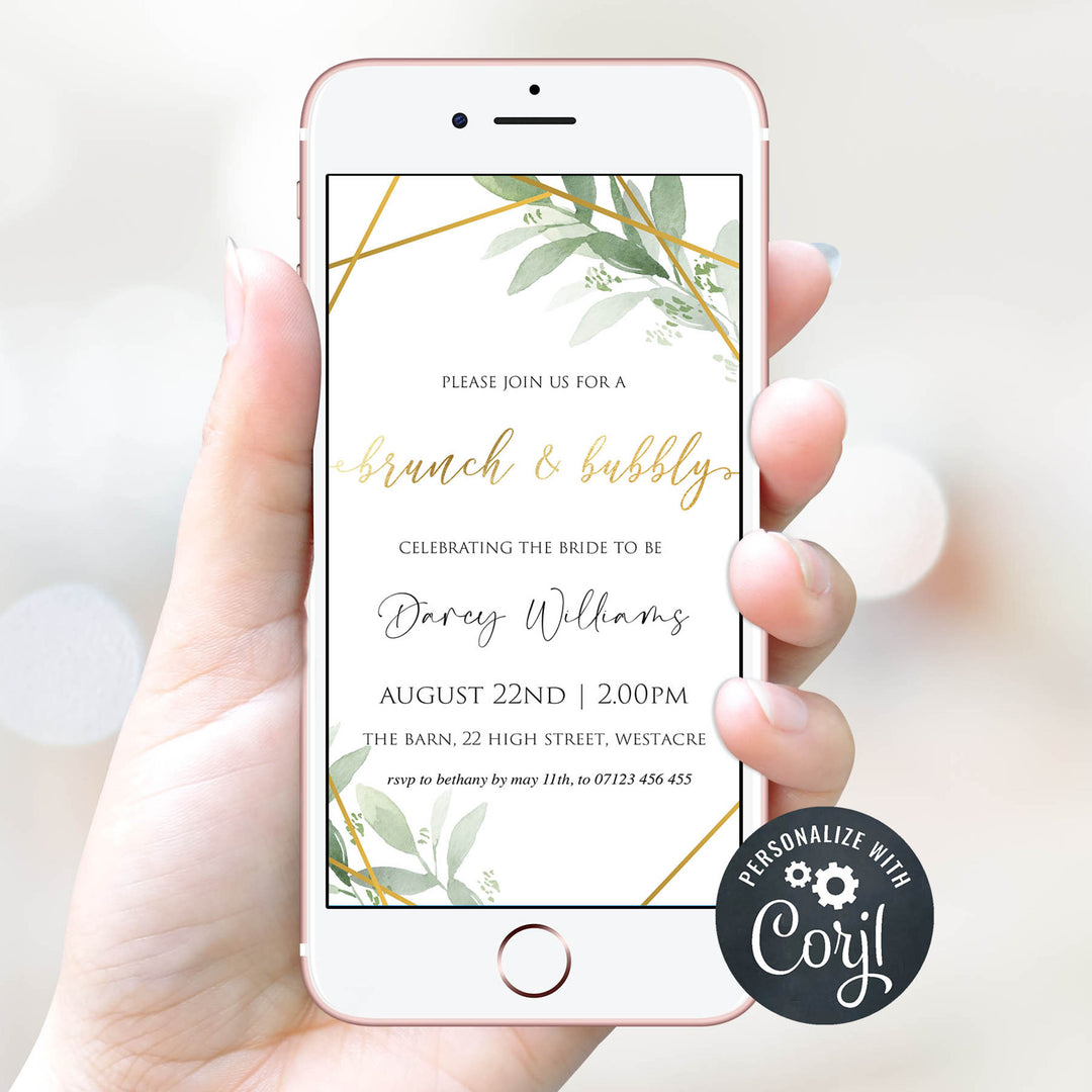 editable bridal shower invitations, printable bachelorette invitations, gold greenery bridal shower invites, greenery bridal shower ideas