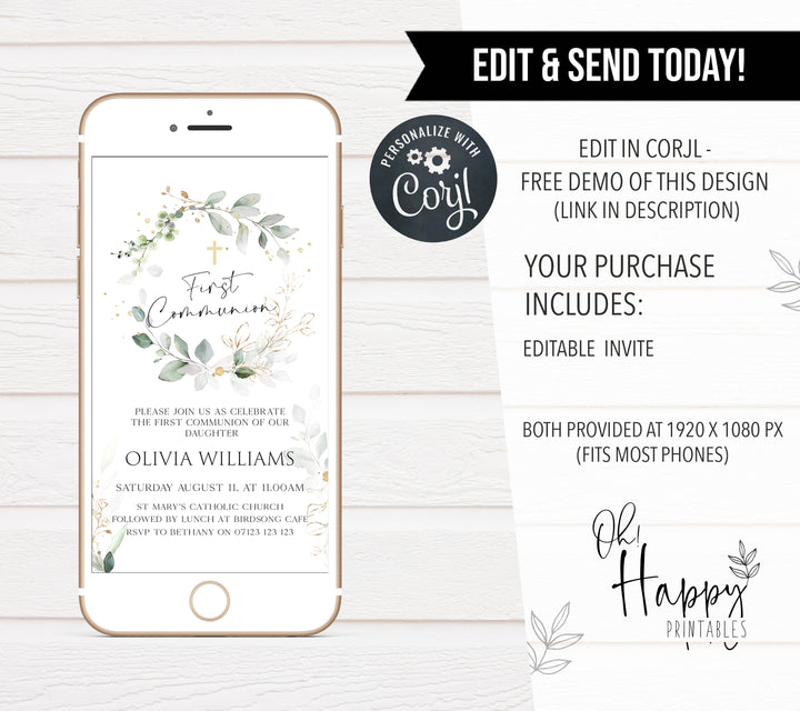 first communion editable invitation, editable invites, first communion invite, floral first communion invite