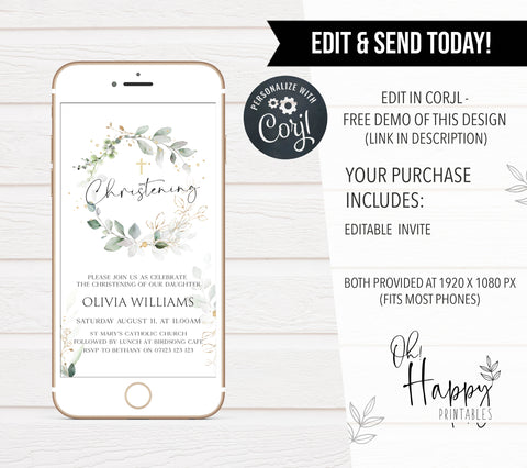 editable christening invitation, printable christening invitation, floral christening invitation, baptism invitation