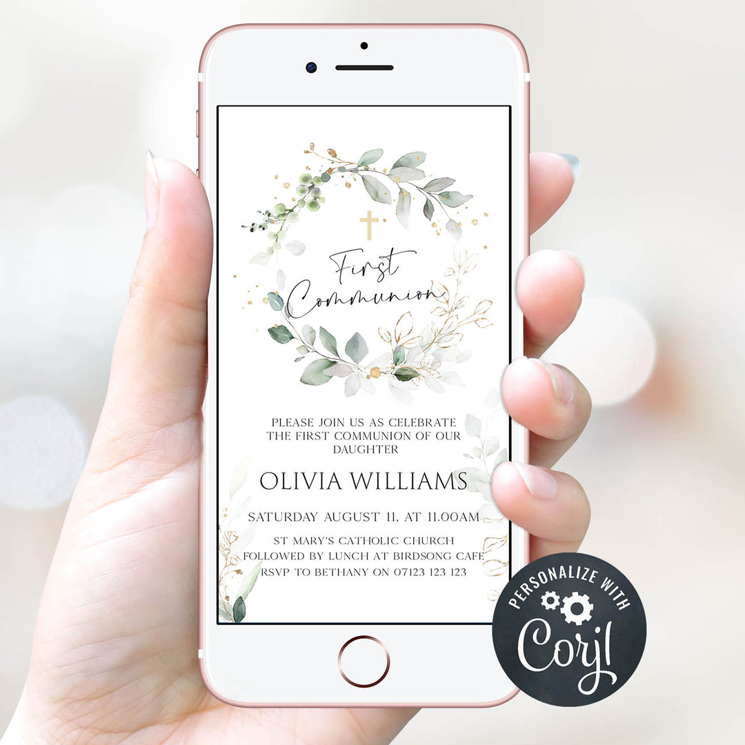 first communion editable invitation, editable invites, first communion invite, floral first communion invite