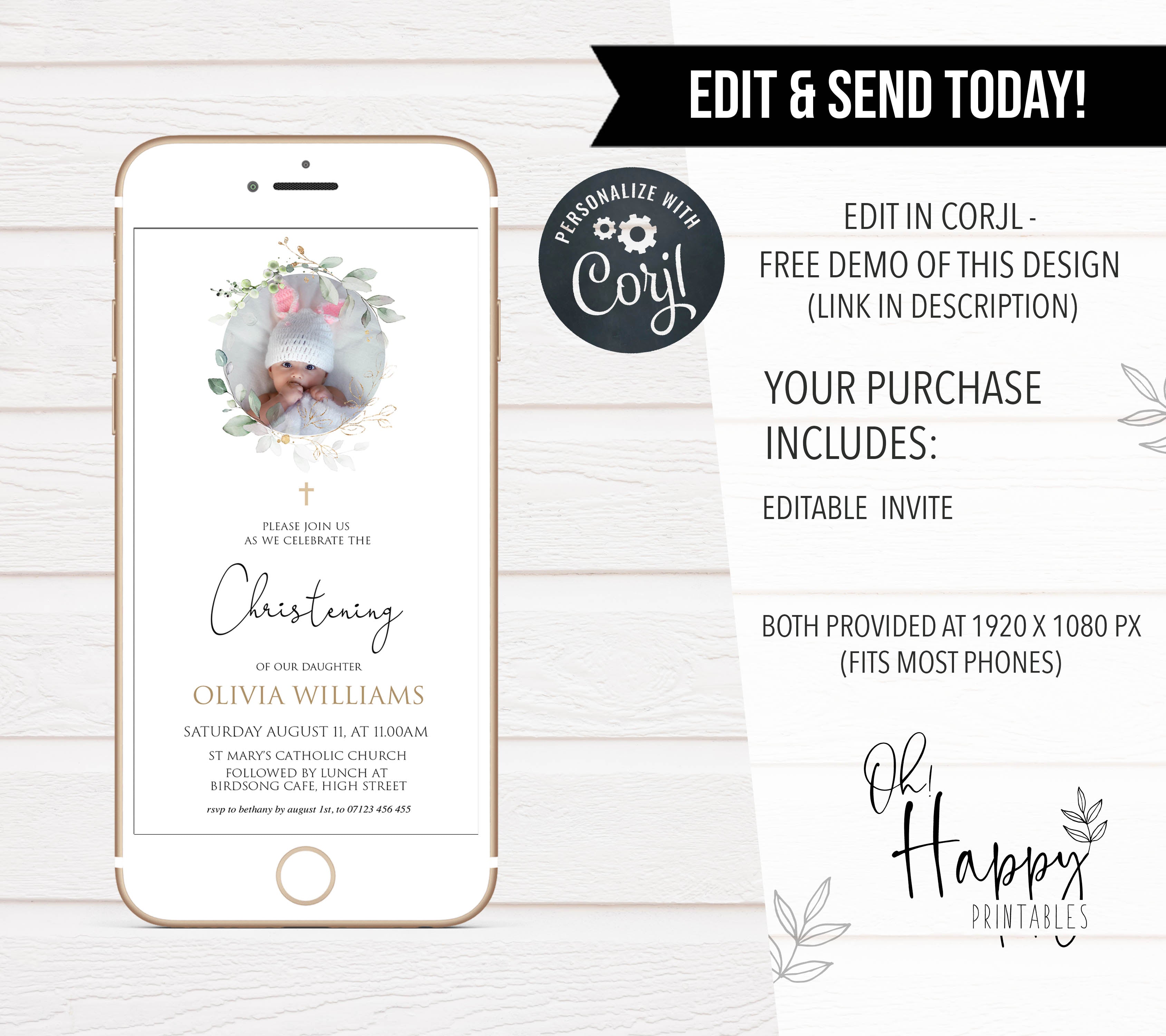 editable photo christening invitation, editable floral christening invitation, editable christening mobile invitation