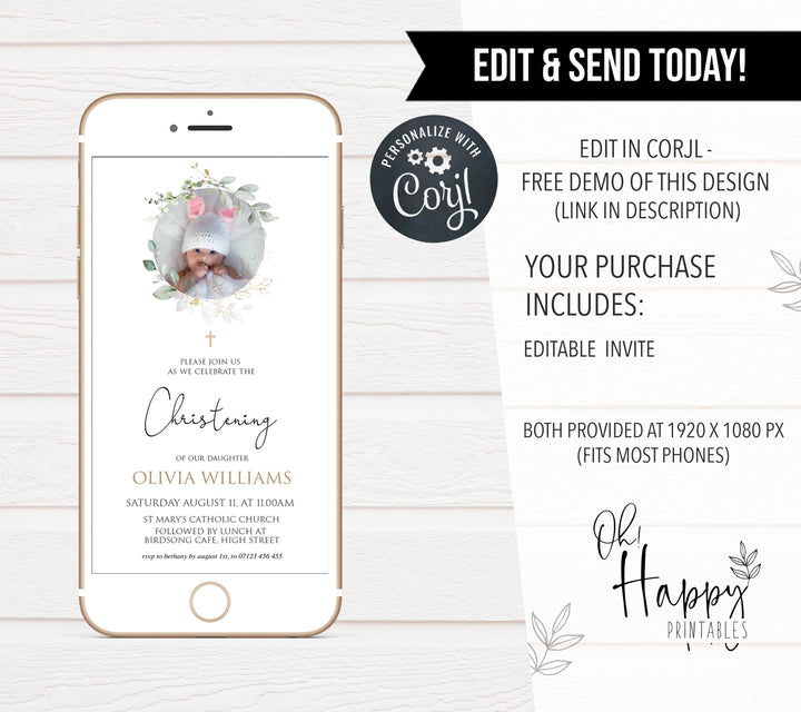 editable photo christening invitation, editable floral christening invitation, editable christening mobile invitation