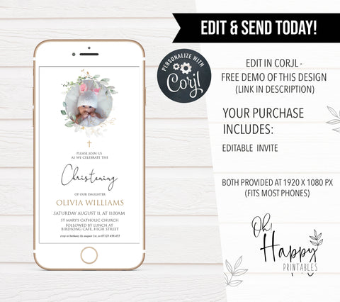 editable photo christening invitation, editable floral christening invitation, editable christening mobile invitation