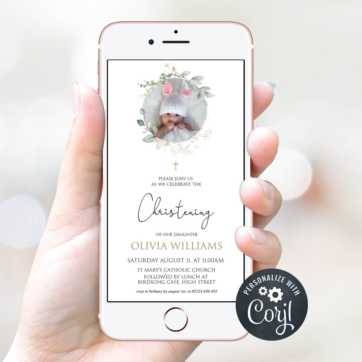 editable photo christening invitation, editable floral christening invitation, editable christening mobile invitation