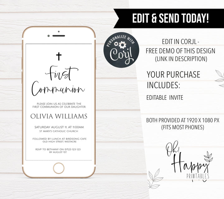 editable first communion invitation, editable holy communion invitation, first communion invitation, mobile first communion invitation