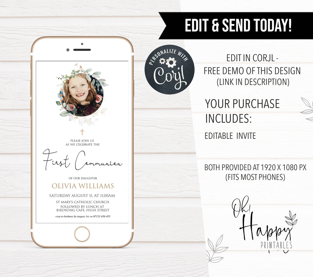 editable photo first communion invitation, editable first communion invitation, photo invitation, floral holy first communion invitation