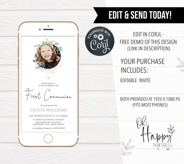 editable photo first communion invitation, editable first communion invitation, photo invitation, floral holy first communion invitation