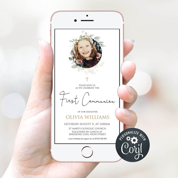 editable photo first communion invitation, editable first communion invitation, photo invitation, floral holy first communion invitation