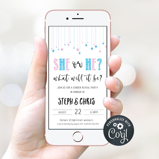editable gender reveal mobile invitations, editable baby shower invitations, editable cell phone baby shower invitations