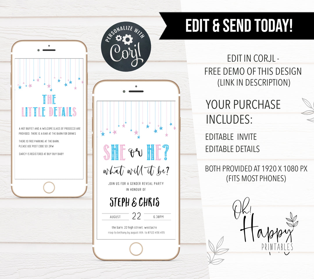 editable gender reveal mobile invitations, editable baby shower invitations, editable cell phone baby shower invitations