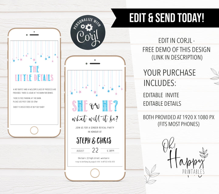 editable gender reveal mobile invitations, editable baby shower invitations, editable cell phone baby shower invitations