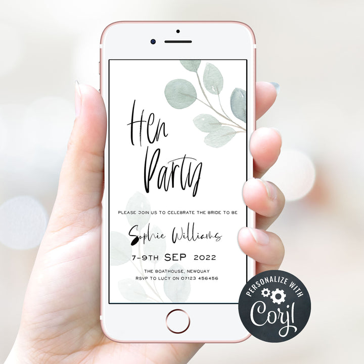 editable bridal shower invitations, printable bridal shower invitations, eucalyptus bridal shower, bachelorette invitations, hen party invites