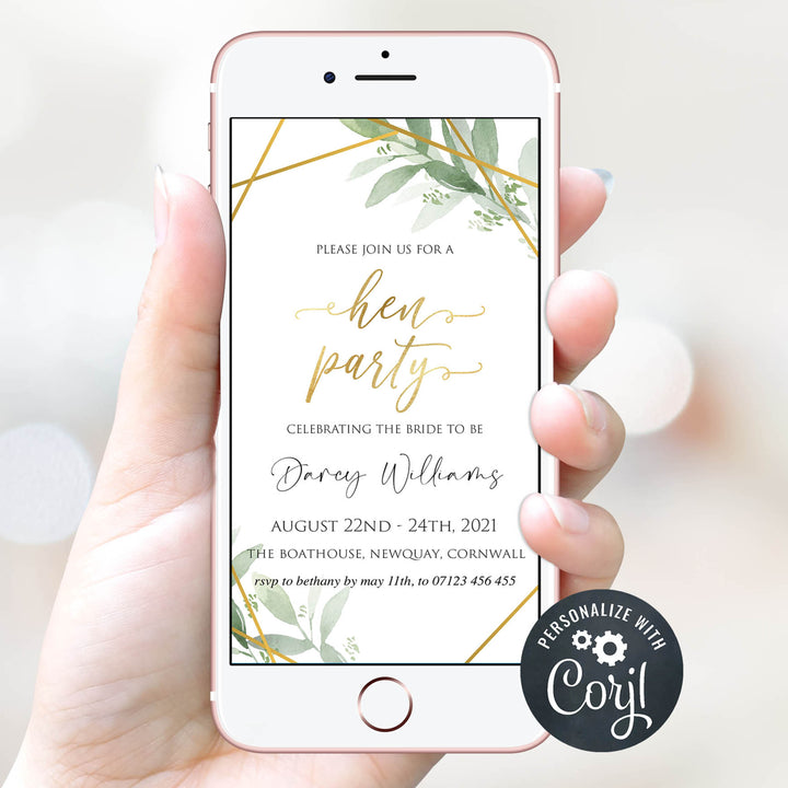 editable bridal shower invitations, printable bachelorette invitations, gold greenery bridal shower invites, greenery bridal shower ideas