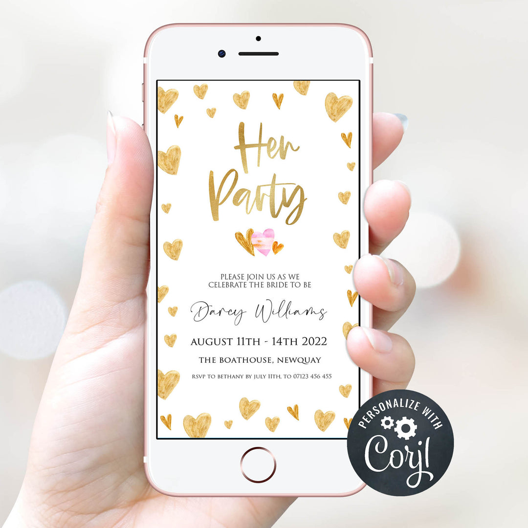 gold hearts bridal shower invitations, printable bridal shower invites, editable bridal shower invitations, bachelorette party invites, hen party invitations