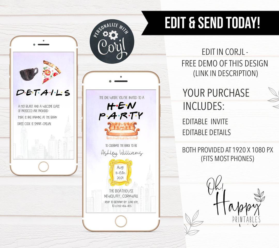 editable friends hen party invitation, mobile friends bridal shower invitation, friends hen party theme, editable hen party invite