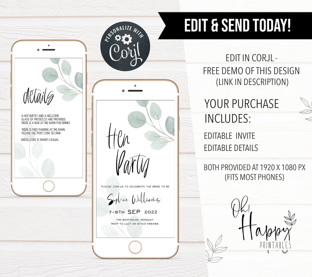 editable bridal shower invitations, printable bridal shower invitations, eucalyptus bridal shower, bachelorette invitations, hen party invites
