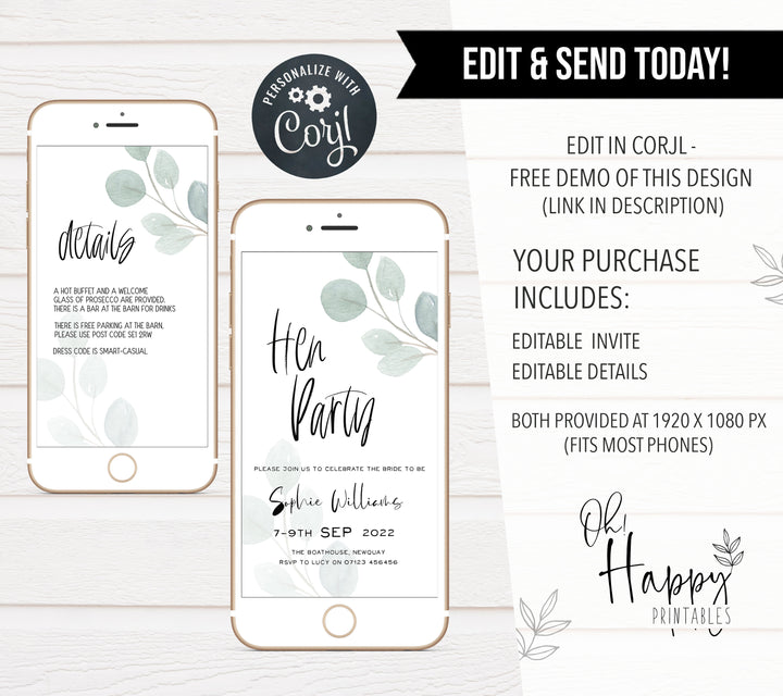 editable bridal shower invitations, printable bridal shower invitations, eucalyptus bridal shower, bachelorette invitations, hen party invites