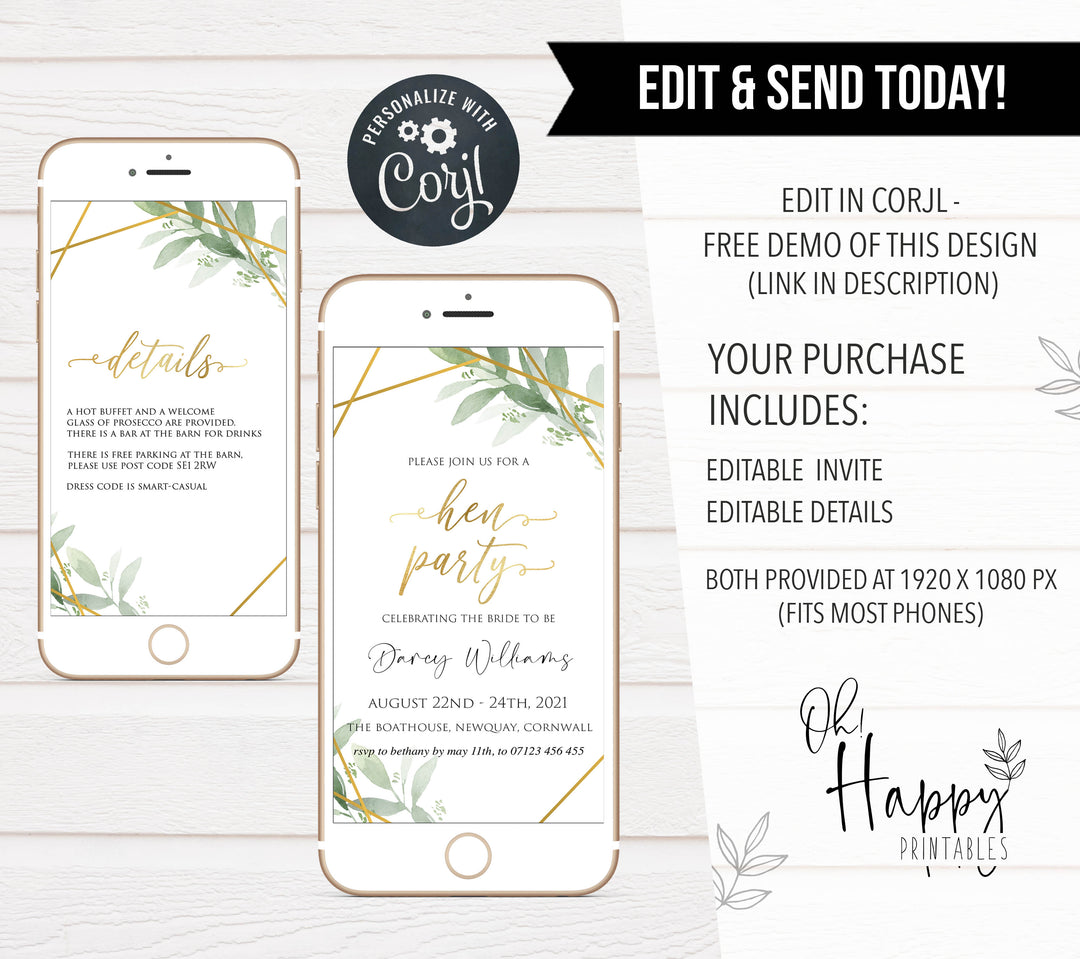editable bridal shower invitations, printable bachelorette invitations, gold greenery bridal shower invites, greenery bridal shower ideas
