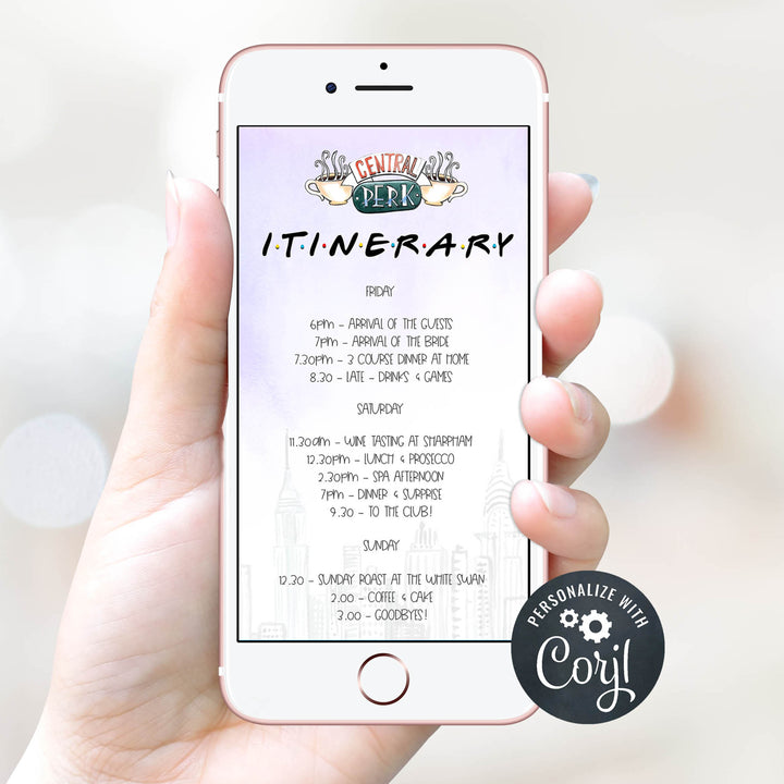 editable friends bridal shower itinerary, editable bridal shower itinerary, friends bridal shower theme, bridal itinerary, mobile itinerary