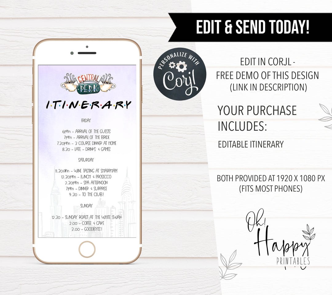 editable friends bridal shower itinerary, editable bridal shower itinerary, friends bridal shower theme, bridal itinerary, mobile itinerary