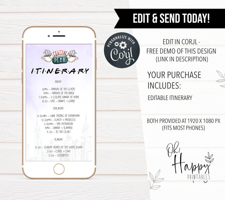 editable friends bridal shower itinerary, editable bridal shower itinerary, friends bridal shower theme, bridal itinerary, mobile itinerary