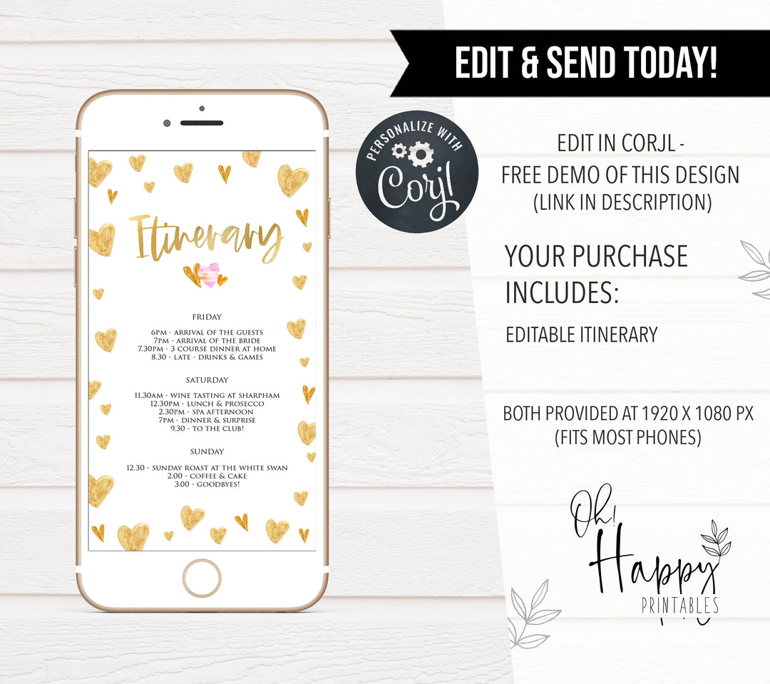 gold hearts bridal shower invitations, printable bridal shower invites, editable bridal shower invitations, bachelorette party invites, hen party invitations