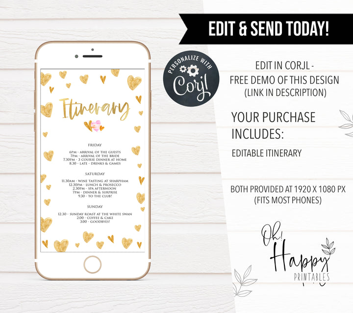 gold hearts bridal shower invitations, printable bridal shower invites, editable bridal shower invitations, bachelorette party invites, hen party invitations