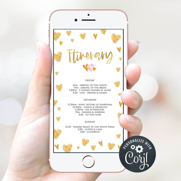 gold hearts bridal shower invitations, printable bridal shower invites, editable bridal shower invitations, bachelorette party invites, hen party invitations