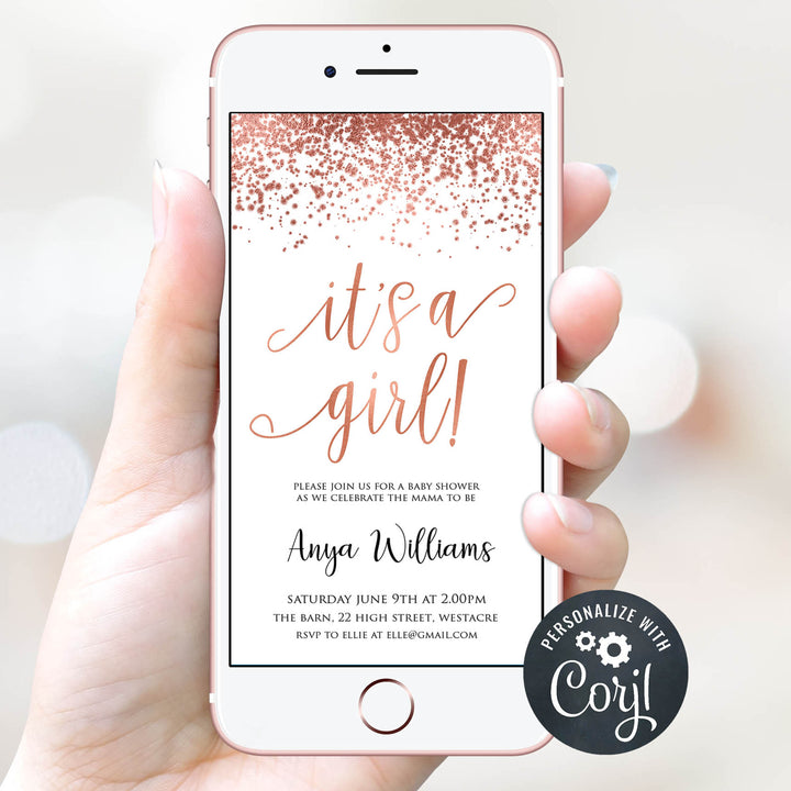 editable its a girl baby shower invitations, editable rose gold baby shower invites, rose gold baby invites, mobile baby shower invitations