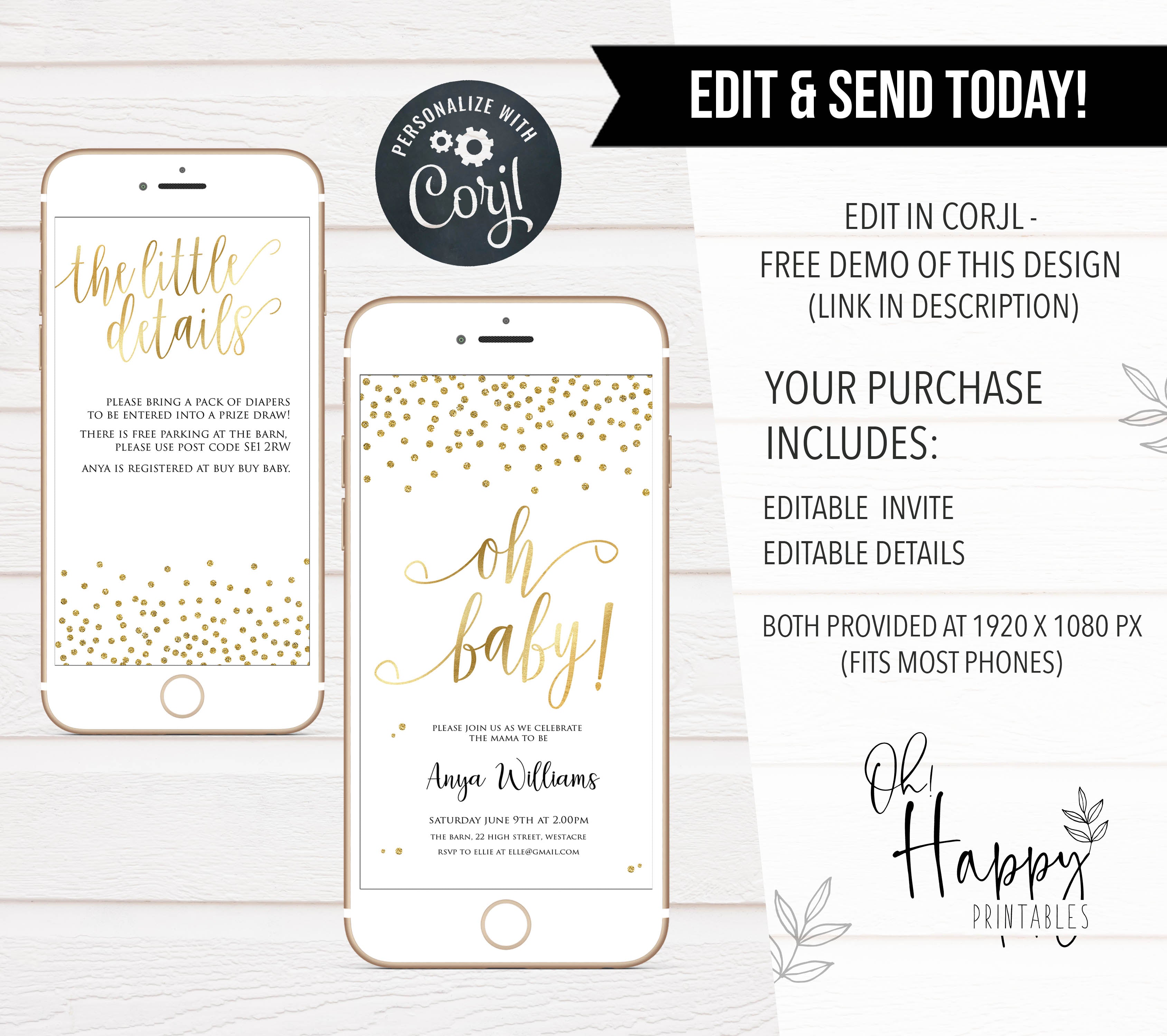 Editable Oh Baby Shower Mobile Invitation Gold Glitter