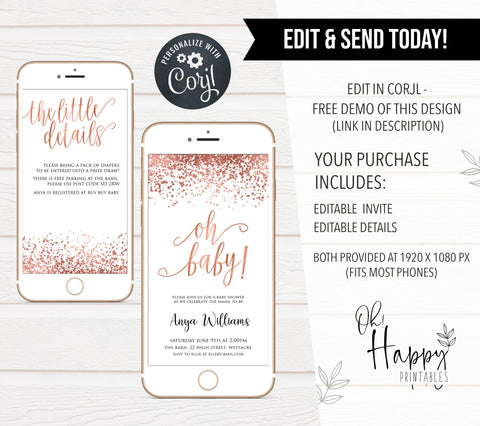 editable rose gold oh baby baby shower invitations, editable baby shower invites, baby shower mobile invites