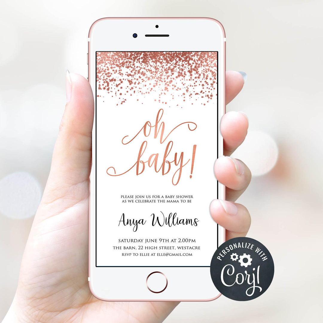 editable rose gold oh baby baby shower invitations, editable baby shower invites, baby shower mobile invites