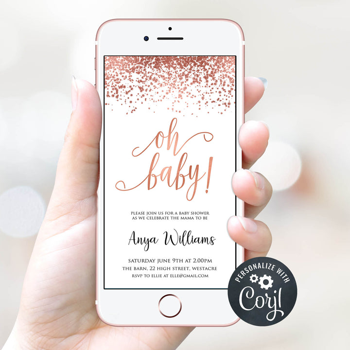 editable rose gold oh baby baby shower invitations, editable baby shower invites, baby shower mobile invites