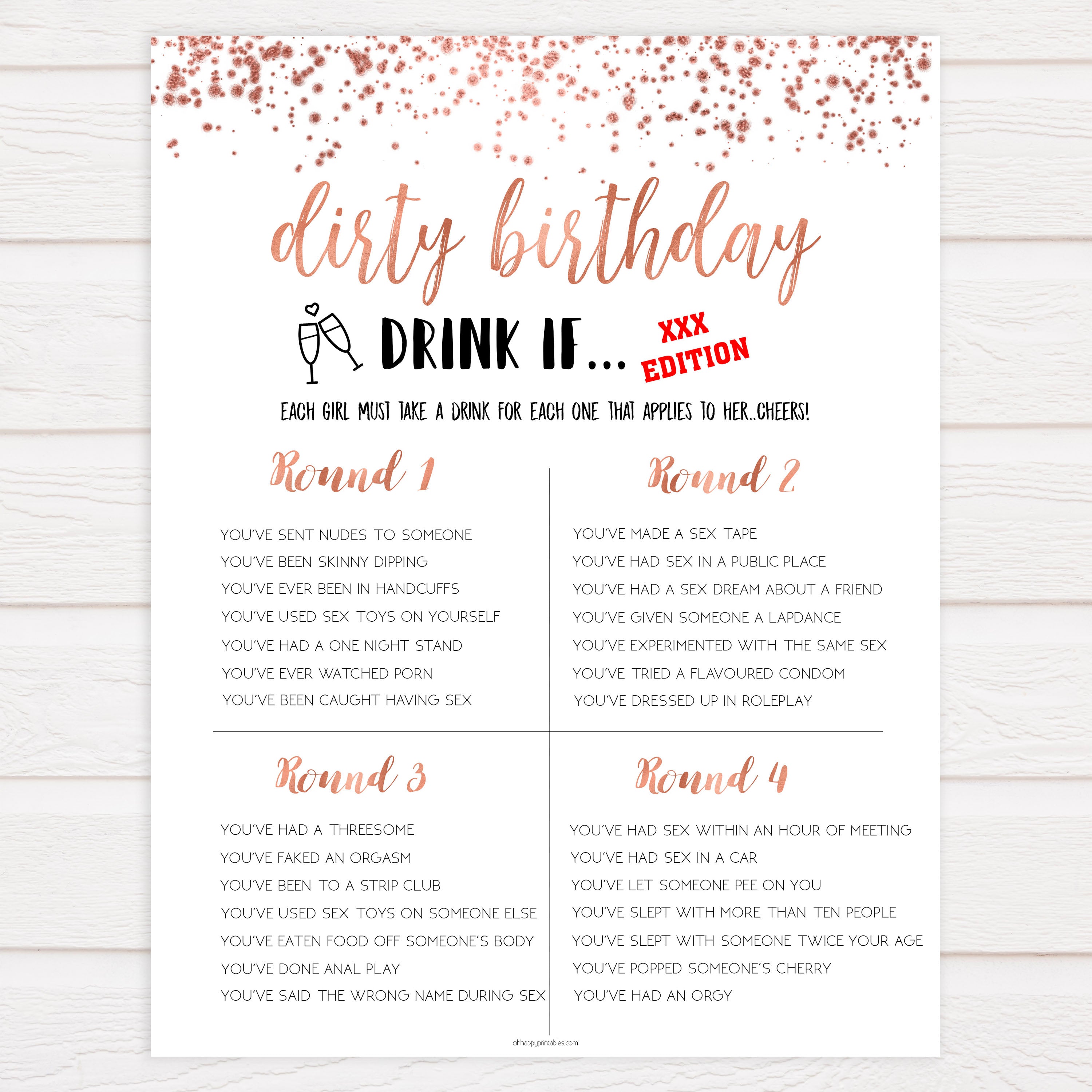 rose gold naughty drink if games, dirty birthday games, adult birthday games, drink if game, fun birthday games