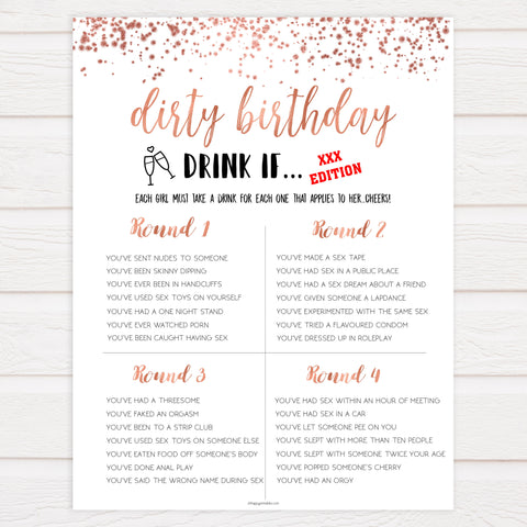 rose gold naughty drink if games, dirty birthday games, adult birthday games, drink if game, fun birthday games
