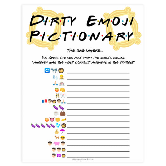 dirty emoji pictionary game, Printable bachelorette games, friends bachelorette, friends hen party games, fun hen party games, bachelorette game ideas, friends adult party games, naughty hen games, naughty bachelorette games