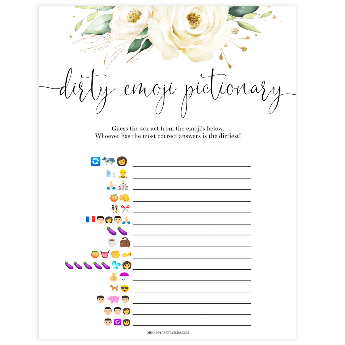 dirty emoji pictionary game, Printable bachelorette games, floral bachelorette, floral hen party games, fun hen party games, bachelorette game ideas, floral adult party games, naughty hen games, naughty bachelorette games