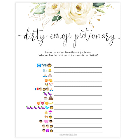 dirty emoji pictionary game, Printable bachelorette games, floral bachelorette, floral hen party games, fun hen party games, bachelorette game ideas, floral adult party games, naughty hen games, naughty bachelorette games