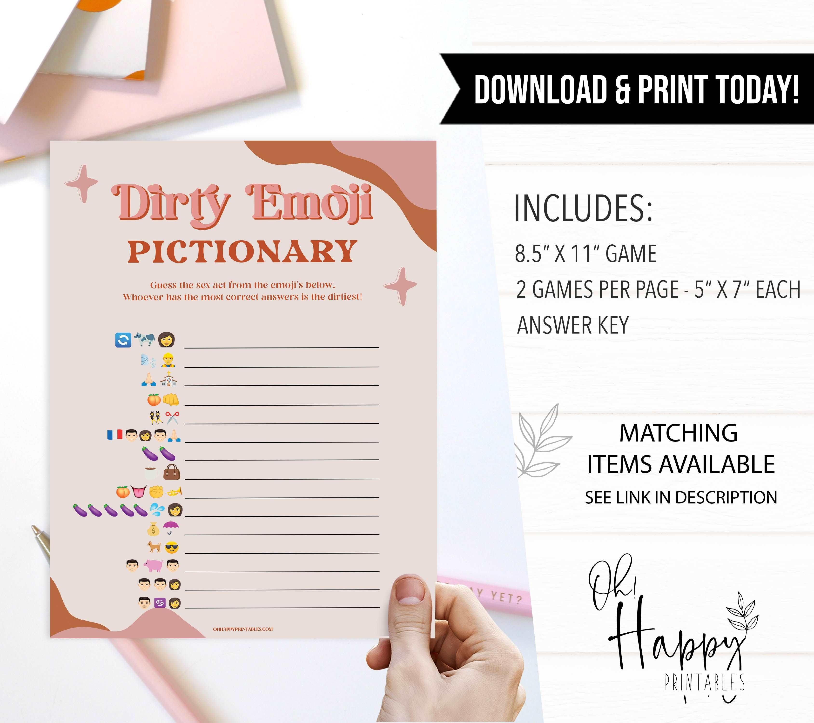 cock or what, dirty emoji pictionary, bachelorette party games, printable hen party games, bachelorette party ideas, 70s retro bridal shower, modern retro bachelorette games