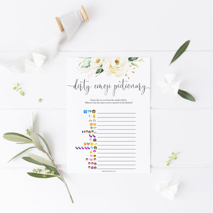 dirty emoji pictionary game, Printable bachelorette games, floral bachelorette, floral hen party games, fun hen party games, bachelorette game ideas, floral adult party games, naughty hen games, naughty bachelorette games