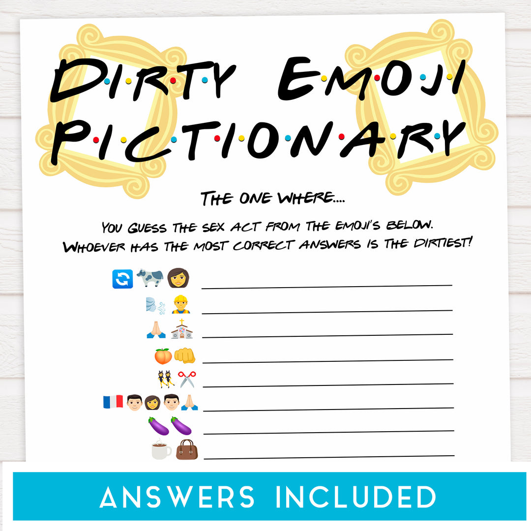 dirty emoji pictionary game, Printable bachelorette games, friends bachelorette, friends hen party games, fun hen party games, bachelorette game ideas, friends adult party games, naughty hen games, naughty bachelorette games