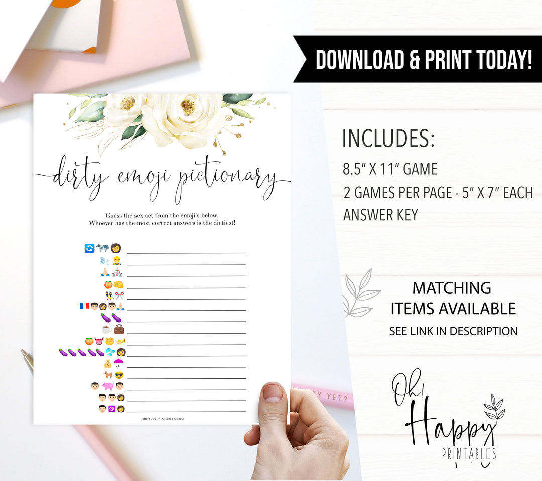 dirty emoji pictionary game, Printable bachelorette games, floral bachelorette, floral hen party games, fun hen party games, bachelorette game ideas, floral adult party games, naughty hen games, naughty bachelorette games
