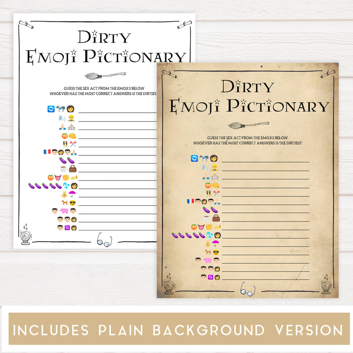 dirty emoji pictionary game, Printable bachelorette games, Harry Potter bachelorette, Harry Potter hen party games, fun hen party games, bachelorette game ideas, Harry Potter adult party games, naughty hen games, naughty bachelorette games